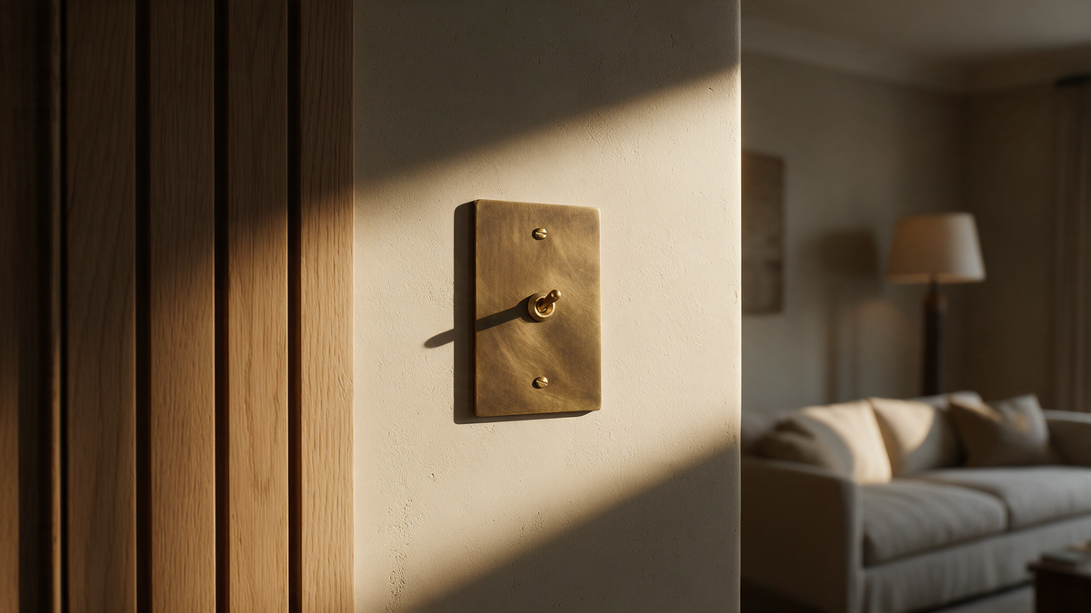 Studio Timeless solid brass Retro Toggle light switch on a lime plaster wall, raking afternoon light, oak paneling at the left