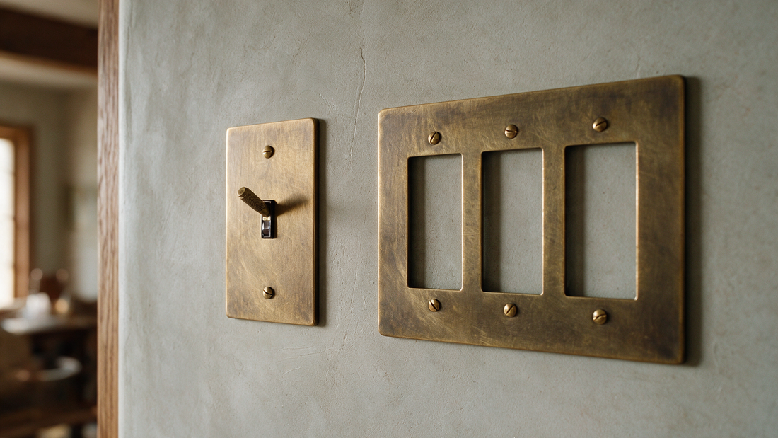 Solid brass toggle switch plate and three-gang brass decorator plate side by side on a plaster wall