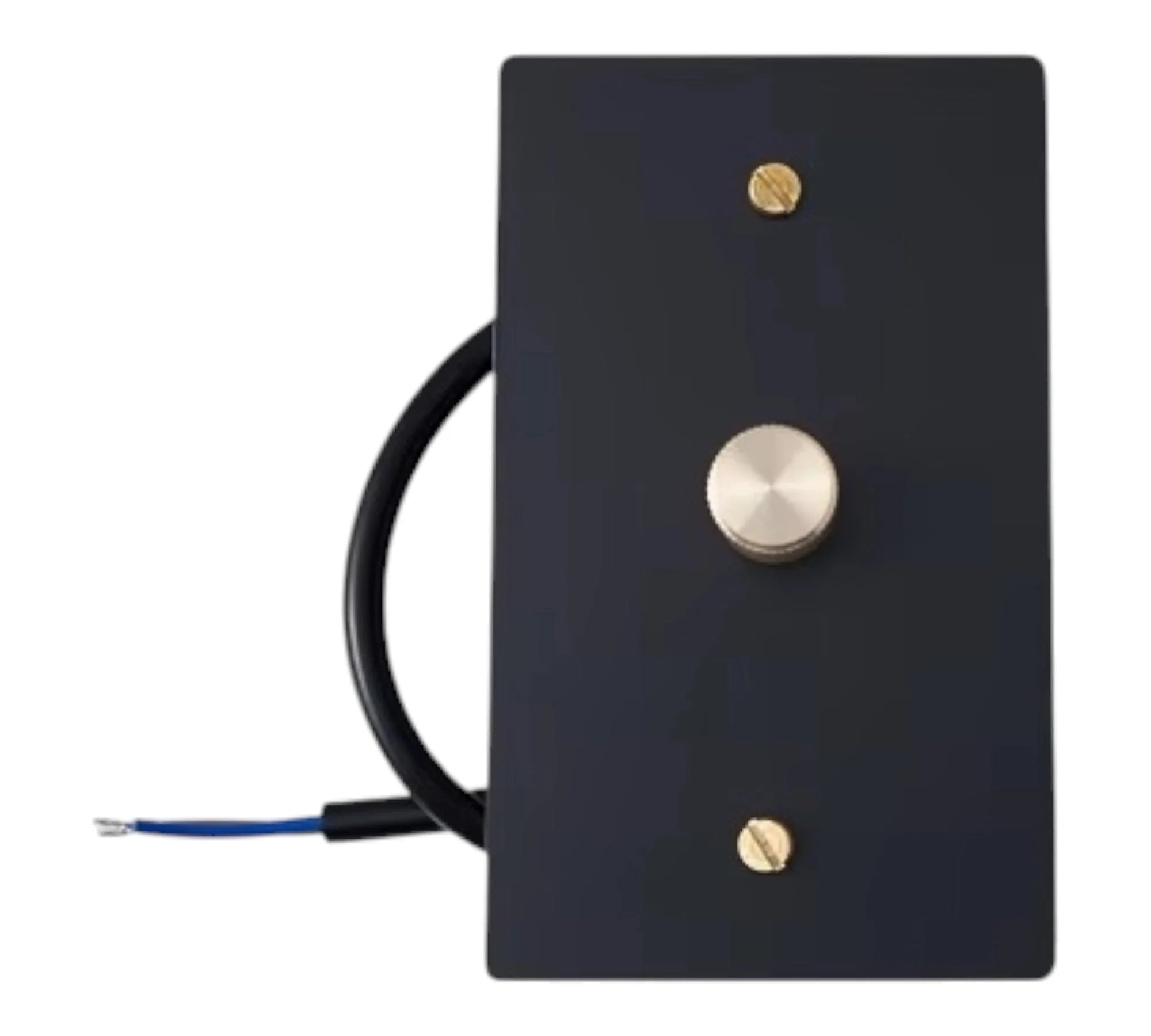 brass dimmer wall plate with rotary knob and wiring on a white background