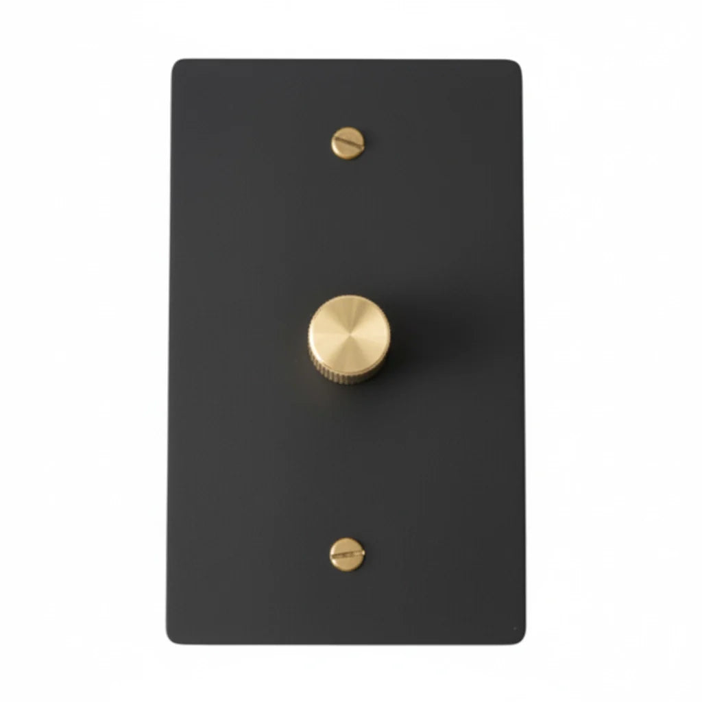Black dimmer switch wall plate with gold knob on a white background