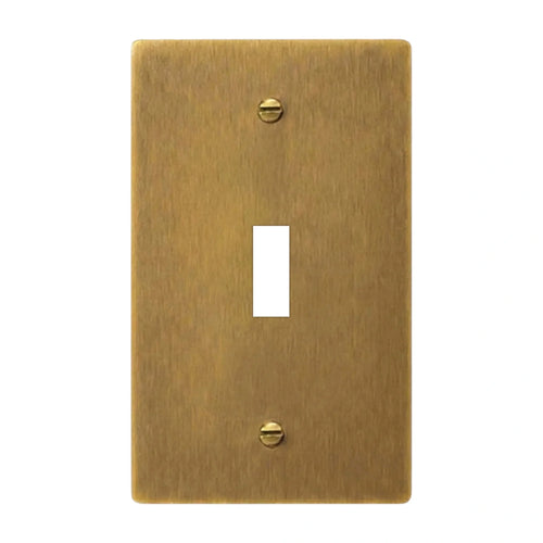 1-gang solid brass toggle wall plate in antique brass hand-brushed finish, toggle opening