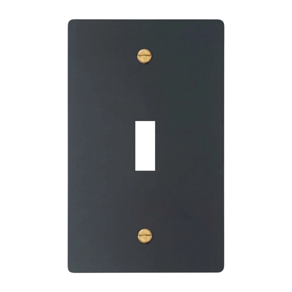 1-gang solid brass wall plate in matte black finish, toggle opening with brass screws