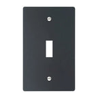 1-gang solid brass wall plate in matte black finish, toggle opening with silver screws