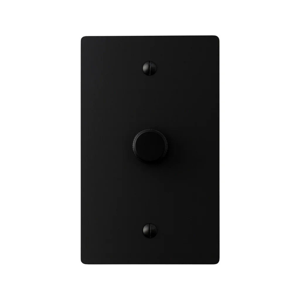Matte black single dimmer switch with brass rotary knob — modern minimalist light dimmer for home interiors