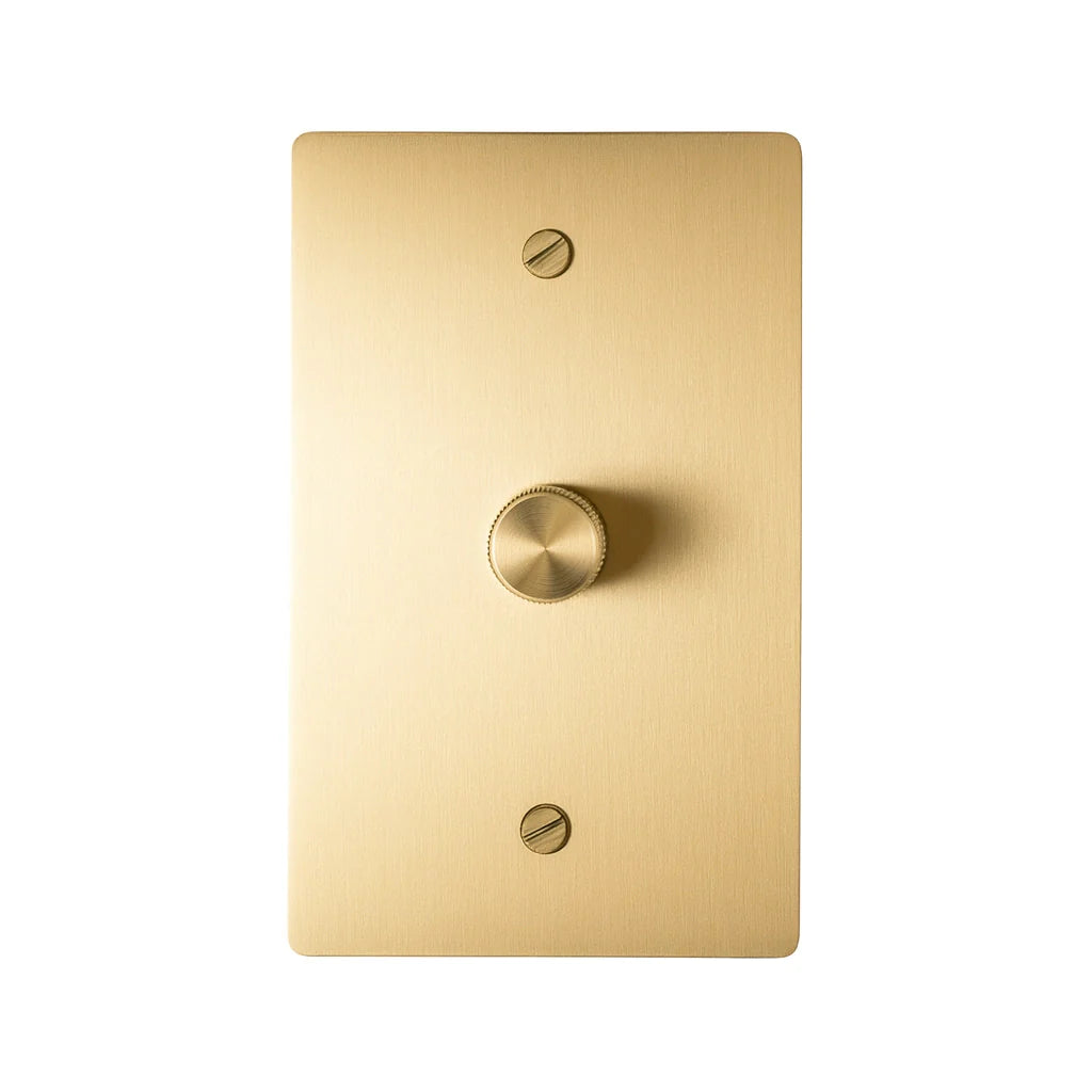 Single gang brass dimmer switch with smooth rotary knob on brushed brass wall plate.