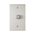 Single gang brushed nickel dimmer switch with smooth rotary knob and modern wall plate.