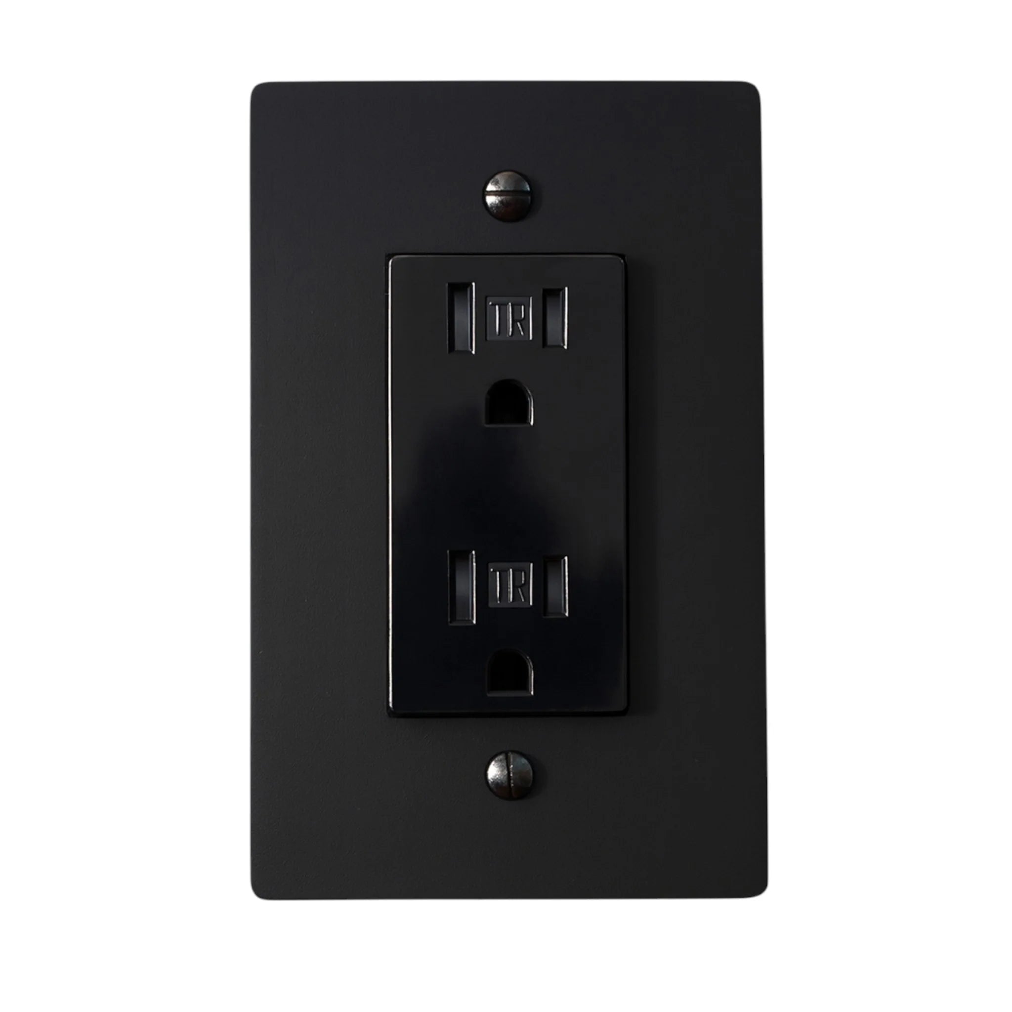 Black electrical outlet on a white background