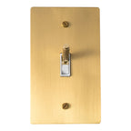 Satin brass switch plate with two screws on a white background