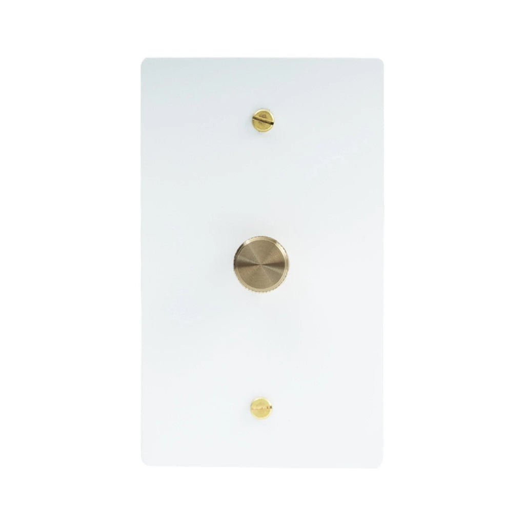 Single gang white dimmer switch with brushed brass rotary knob on glossy white wall plate.