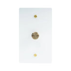 Single gang white dimmer switch with brushed brass rotary knob on glossy white wall plate.