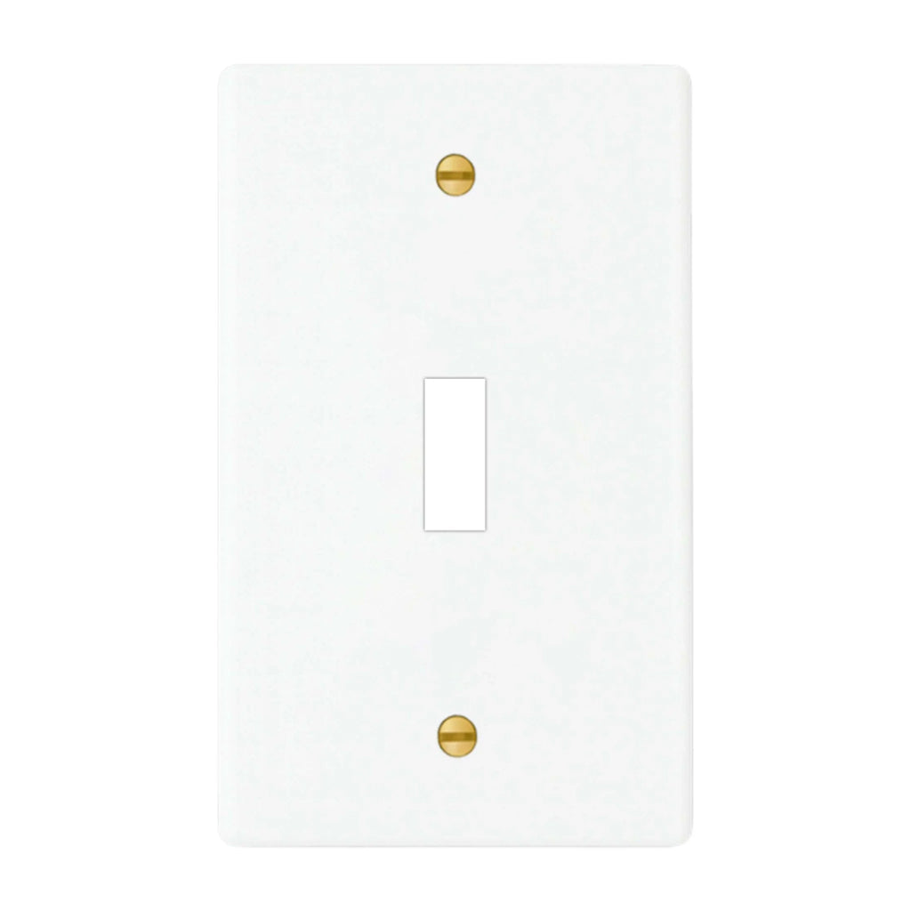 1-gang solid brass wall plate in white finish, toggle opening with brass screws