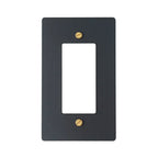 Black decorator wall plate / outlet cover with solid brass accent details