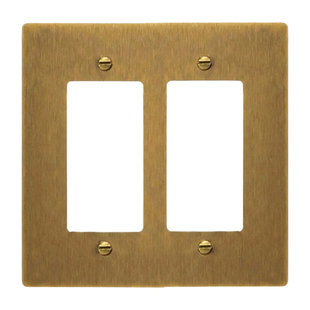 Antique Brass (Hand-Brushed): 2-gang solid brass Decora wall plate in Antique Brass (hand-brushed) finish