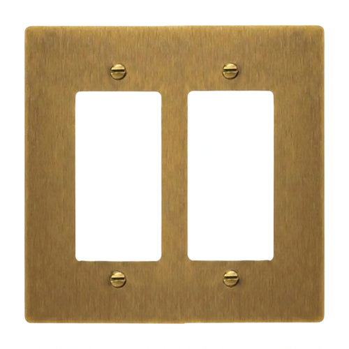 Antique Brass (Hand-Brushed): 2-gang solid brass Decora wall plate in Antique Brass (hand-brushed) finish