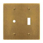 2-gang solid brass dimmer and toggle wall plate in antique brass hand-brushed finish, rotary plus toggle opening
