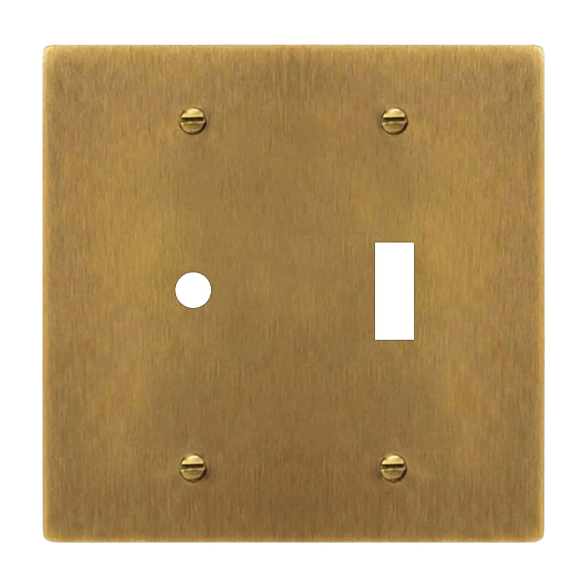 2-gang solid brass dimmer and toggle wall plate in antique brass hand-brushed finish, rotary plus toggle opening