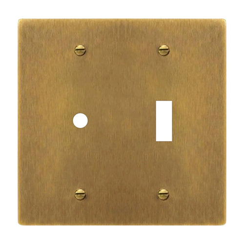 2-gang solid brass dimmer and toggle wall plate in antique brass hand-brushed finish, rotary plus toggle opening