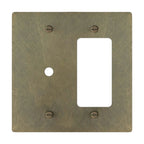 2-gang solid brass dimmer and outlet wall plate in aged bronze hand-brushed finish, rotary plus decorator opening