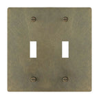 2-gang solid brass toggle wall plate in aged bronze hand-brushed finish, double toggle opening