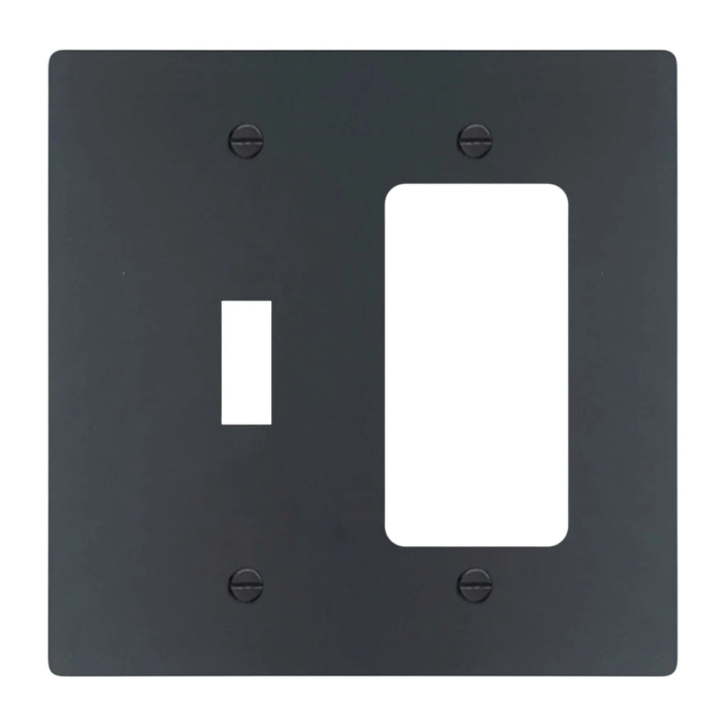 2-gang solid brass wall plate in matte black finish, toggle plus decora outlet opening