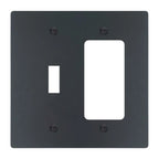 2-gang solid brass wall plate in matte black finish, toggle plus decora outlet opening