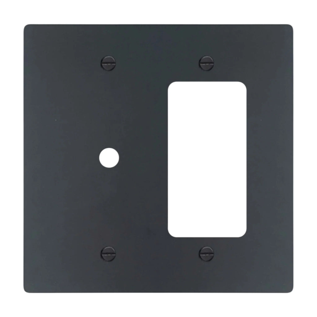 2-gang solid brass wall plate in matte black finish, rotary dimmer plus decorator outlet opening