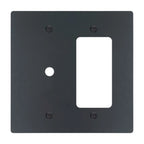 2-gang solid brass wall plate in matte black finish, rotary dimmer plus decorator outlet opening