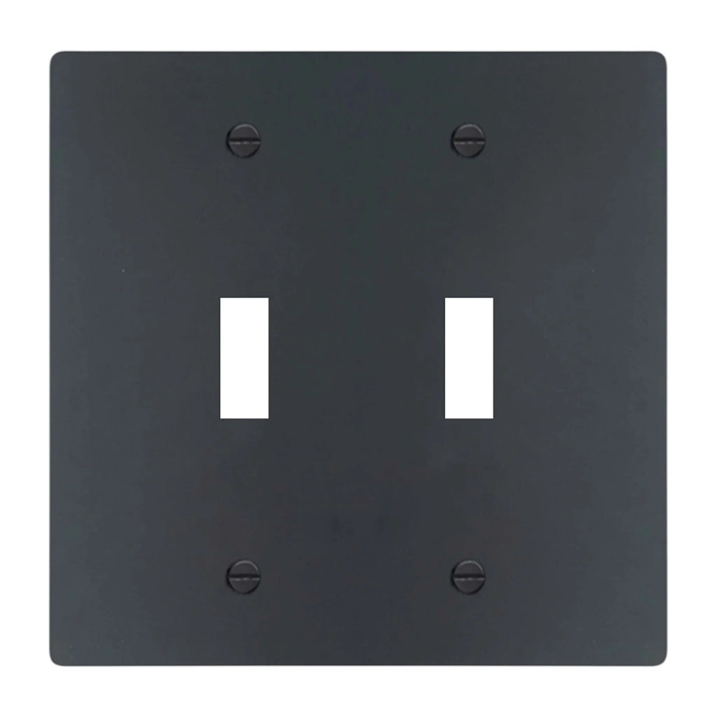 2-gang solid brass wall plate in matte black finish, double toggle opening