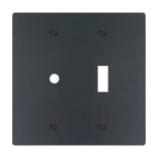 2-gang solid brass wall plate in matte black finish, rotary dimmer plus toggle opening
