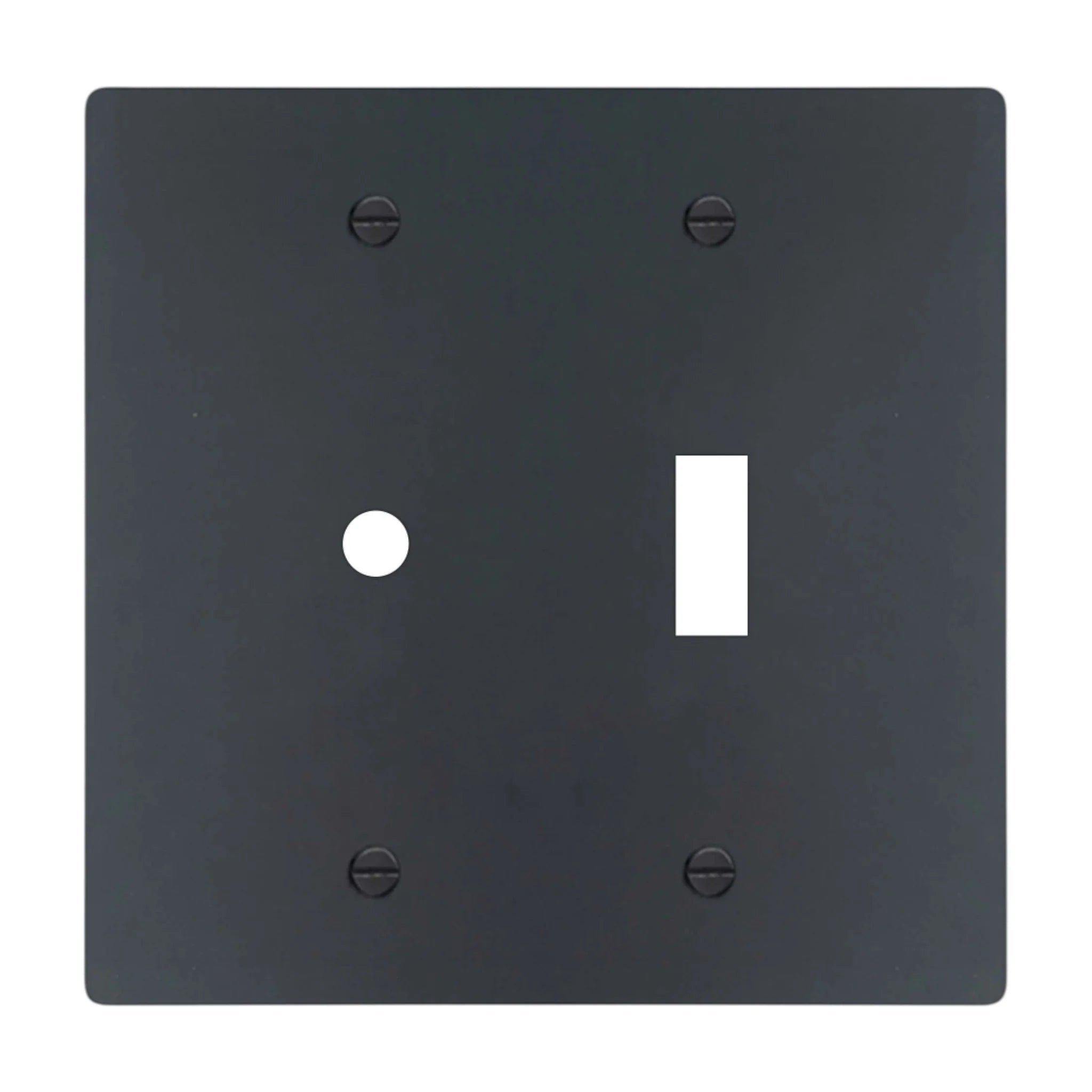 2-gang solid brass wall plate in matte black finish, rotary dimmer plus toggle opening