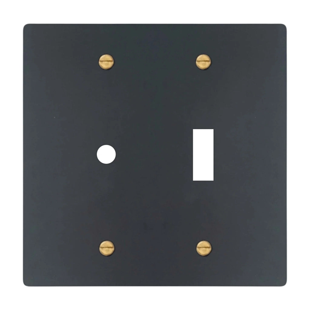 2-gang solid brass wall plate in matte black finish, rotary dimmer plus toggle opening