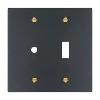 2-gang solid brass wall plate in matte black finish, rotary dimmer plus toggle opening