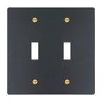 2-gang solid brass wall plate in matte black finish, double toggle opening with brass screws