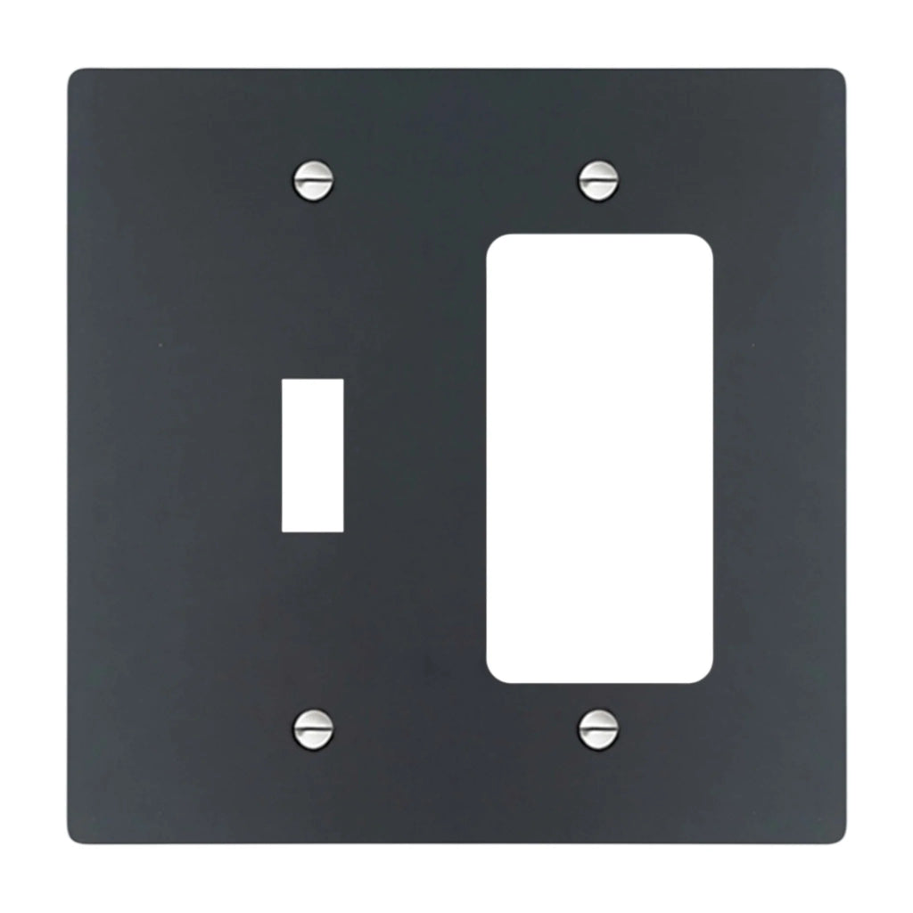 2-gang solid brass wall plate in matte black finish, toggle plus decora outlet opening