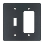 2-gang solid brass wall plate in matte black finish, toggle plus decora outlet opening