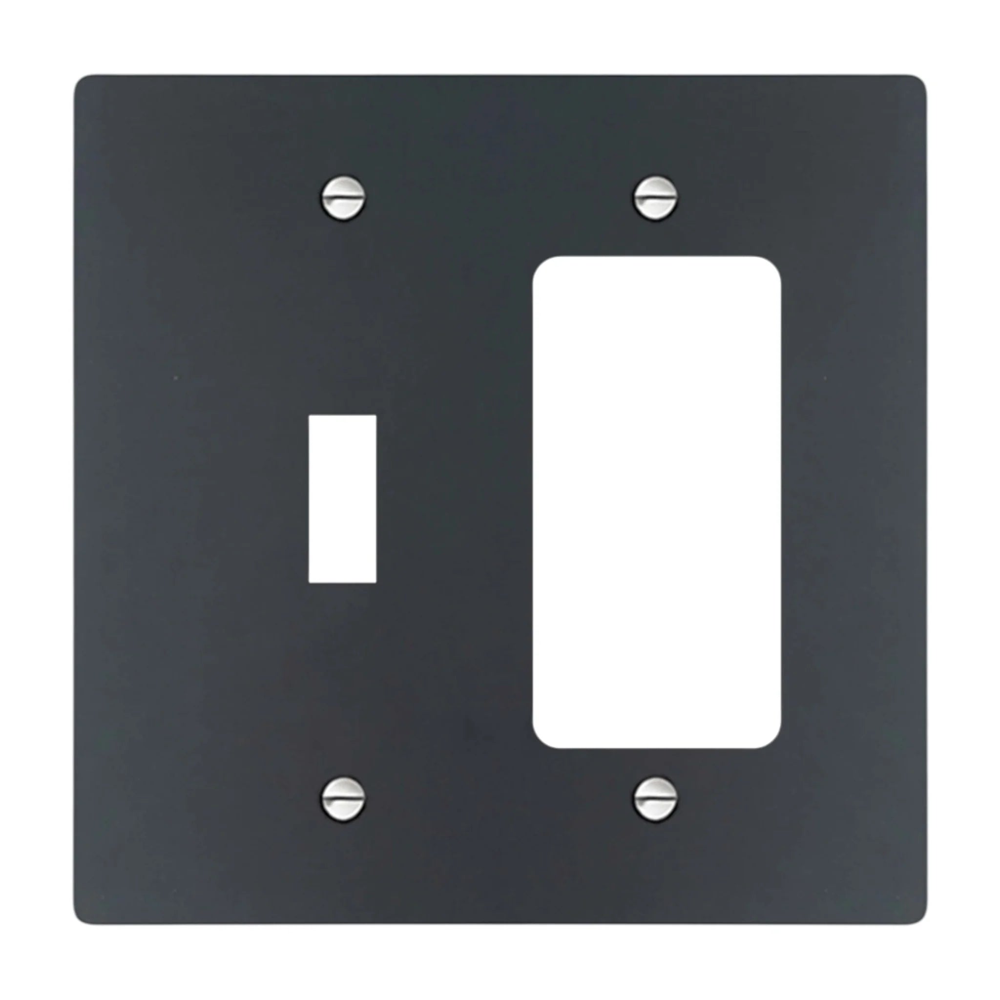 2-gang solid brass wall plate in matte black finish, toggle plus decora outlet opening