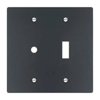 2-gang solid brass wall plate in matte black finish, rotary dimmer plus toggle opening