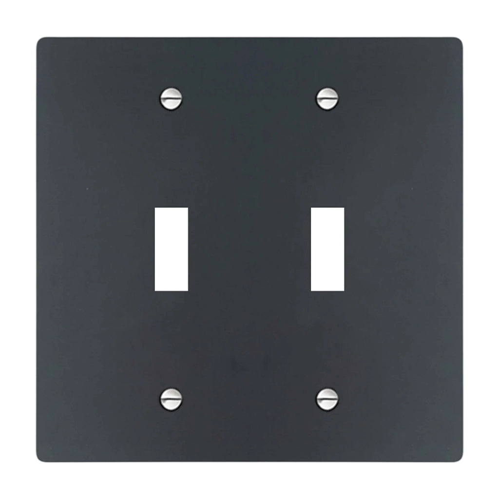 2-gang solid brass wall plate in matte black finish, double toggle opening with silver screws