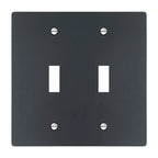 2-gang solid brass wall plate in matte black finish, double toggle opening with silver screws