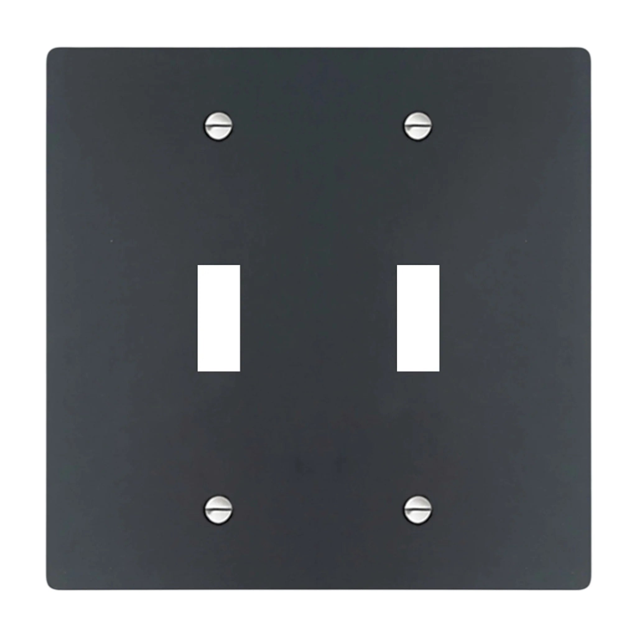2-gang solid brass wall plate in matte black finish, double toggle opening with silver screws