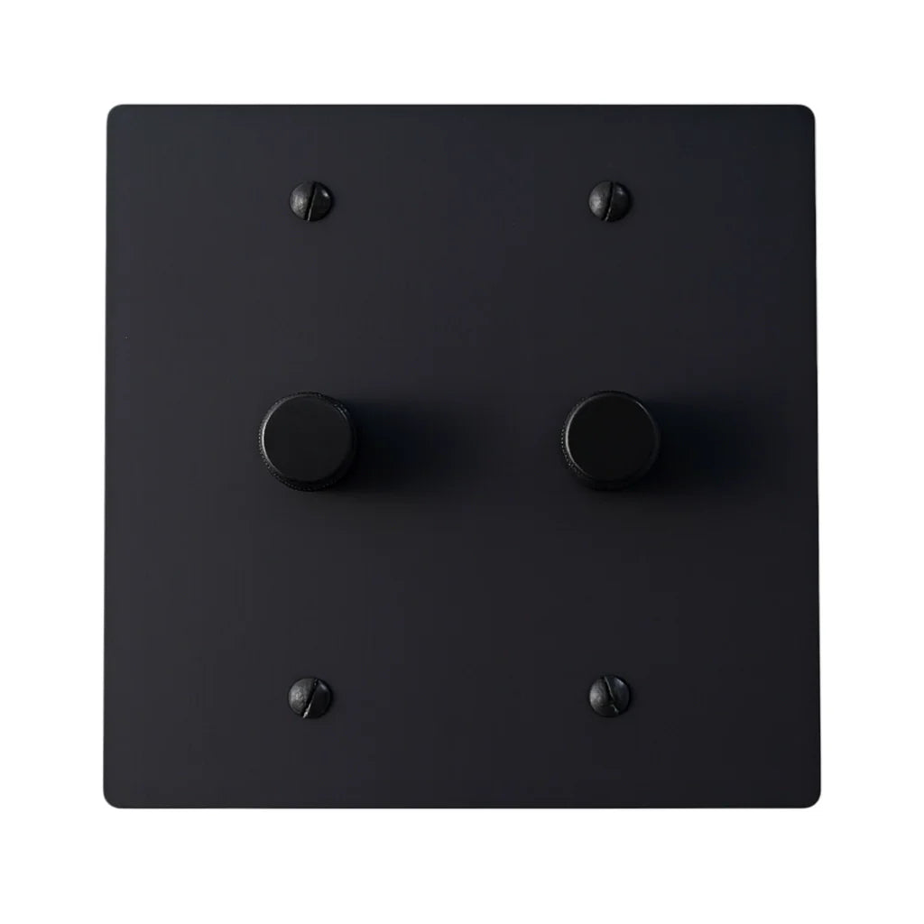 Matte black double dimmer switch with two rotary knobs — sleek dual light dimmer plate for modern interiors
