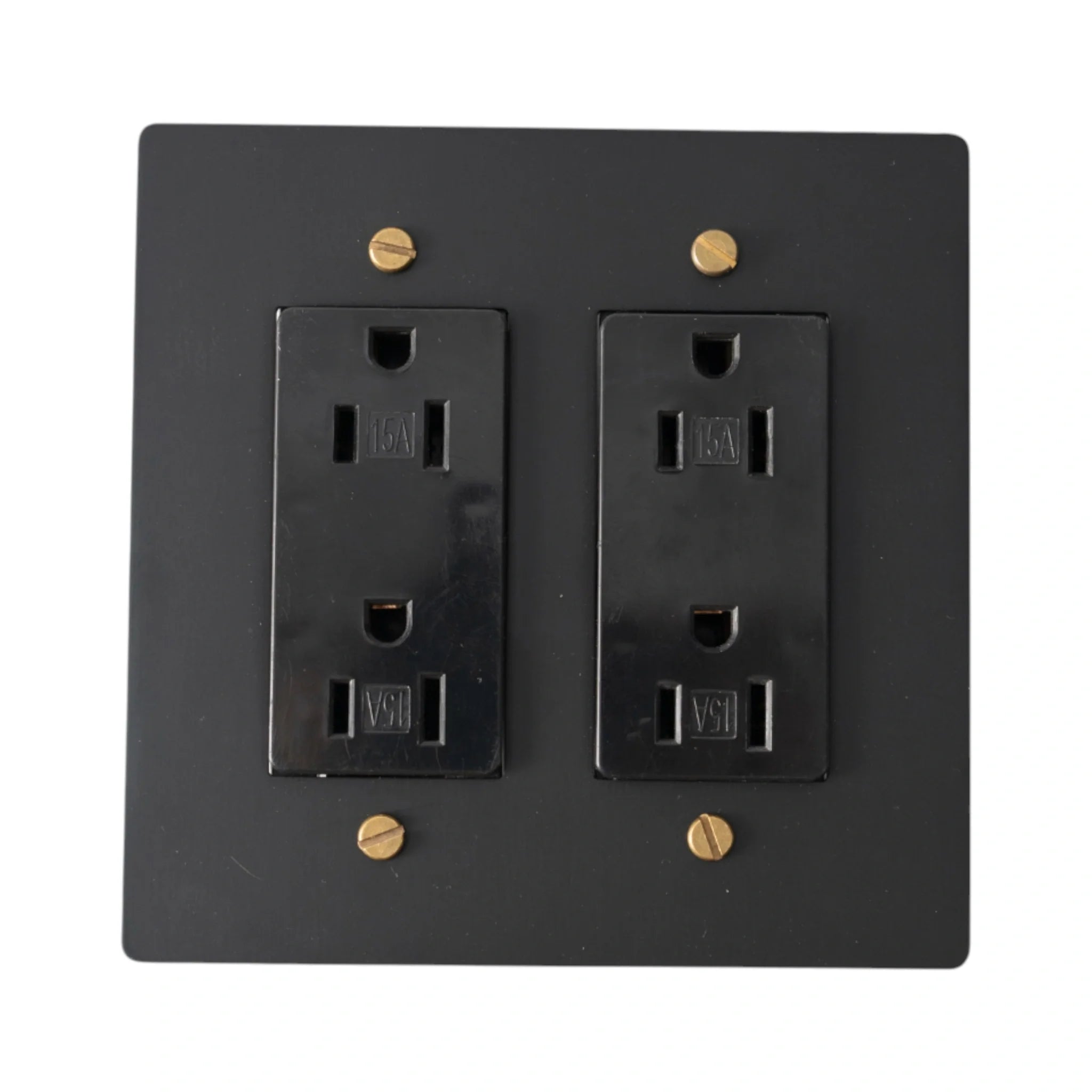 Black electrical outlet cover with two sockets on a white background