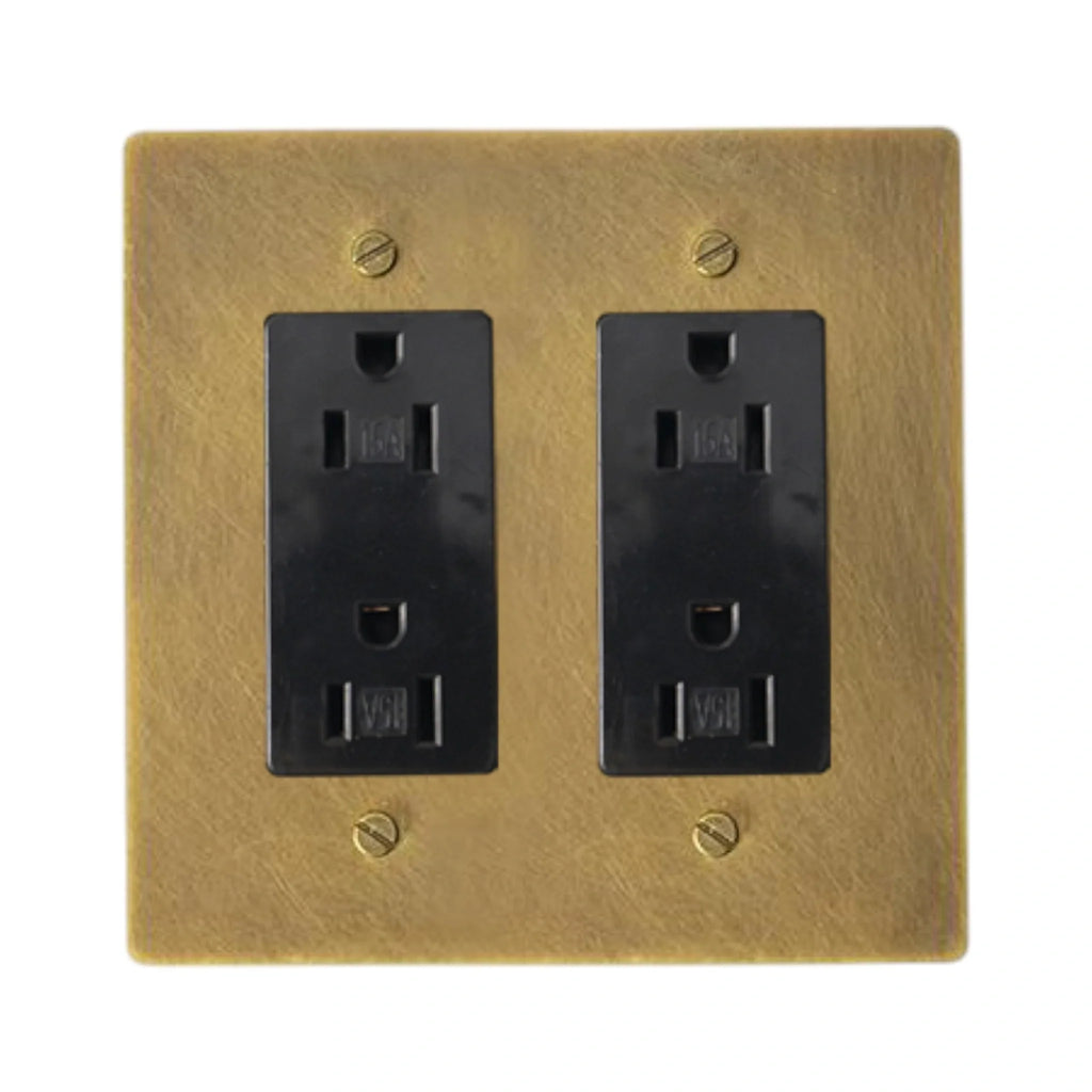 Antique brushed brass  2-gang duplex outlet with TR receptacles – GetSwitches brand on a white background