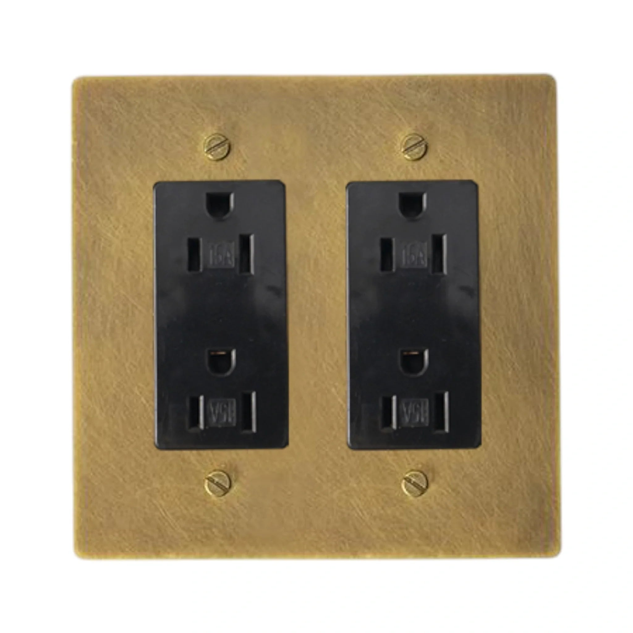 Antique brushed brass  2-gang duplex outlet with TR receptacles – GetSwitches brand on a white background