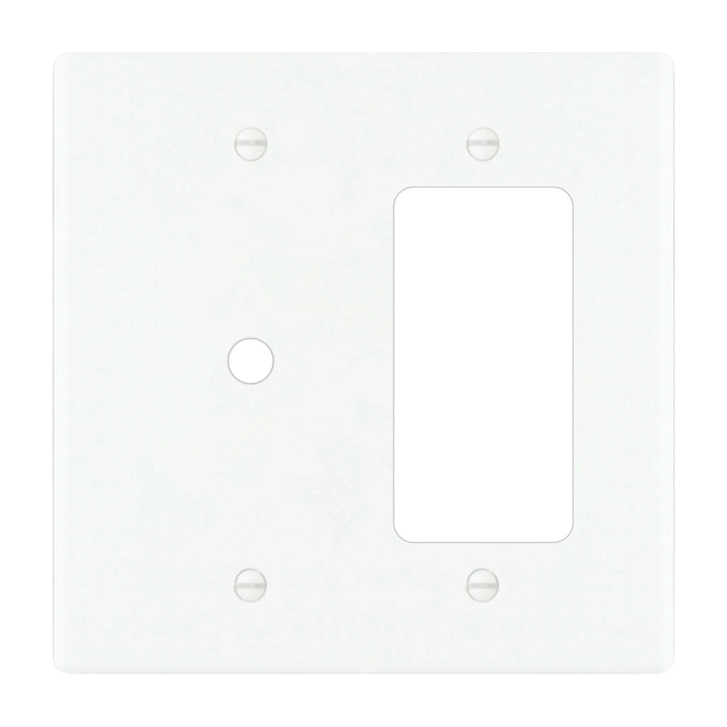 2-gang solid brass wall plate in white finish, rotary dimmer plus decorator outlet opening
