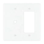 2-gang solid brass wall plate in white finish, rotary dimmer plus decorator outlet opening
