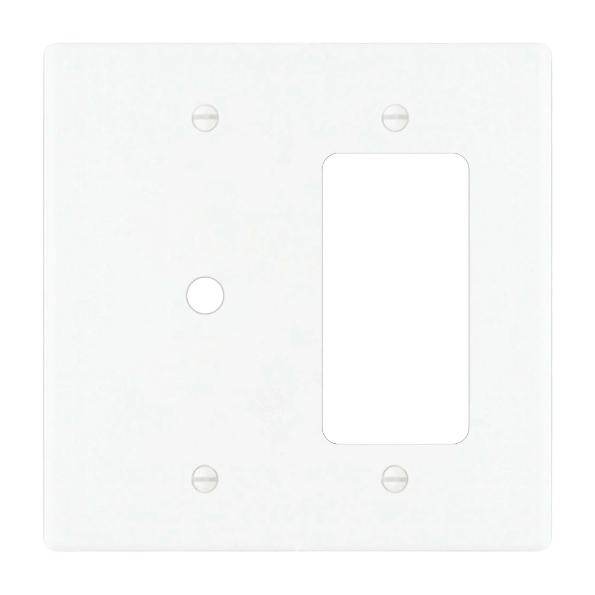 2-gang solid brass wall plate in white finish, rotary dimmer plus decorator outlet opening