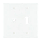 2-gang solid brass wall plate in white finish, rotary dimmer plus toggle opening