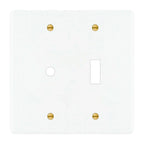 2-gang solid brass wall plate in white finish, rotary dimmer plus toggle opening