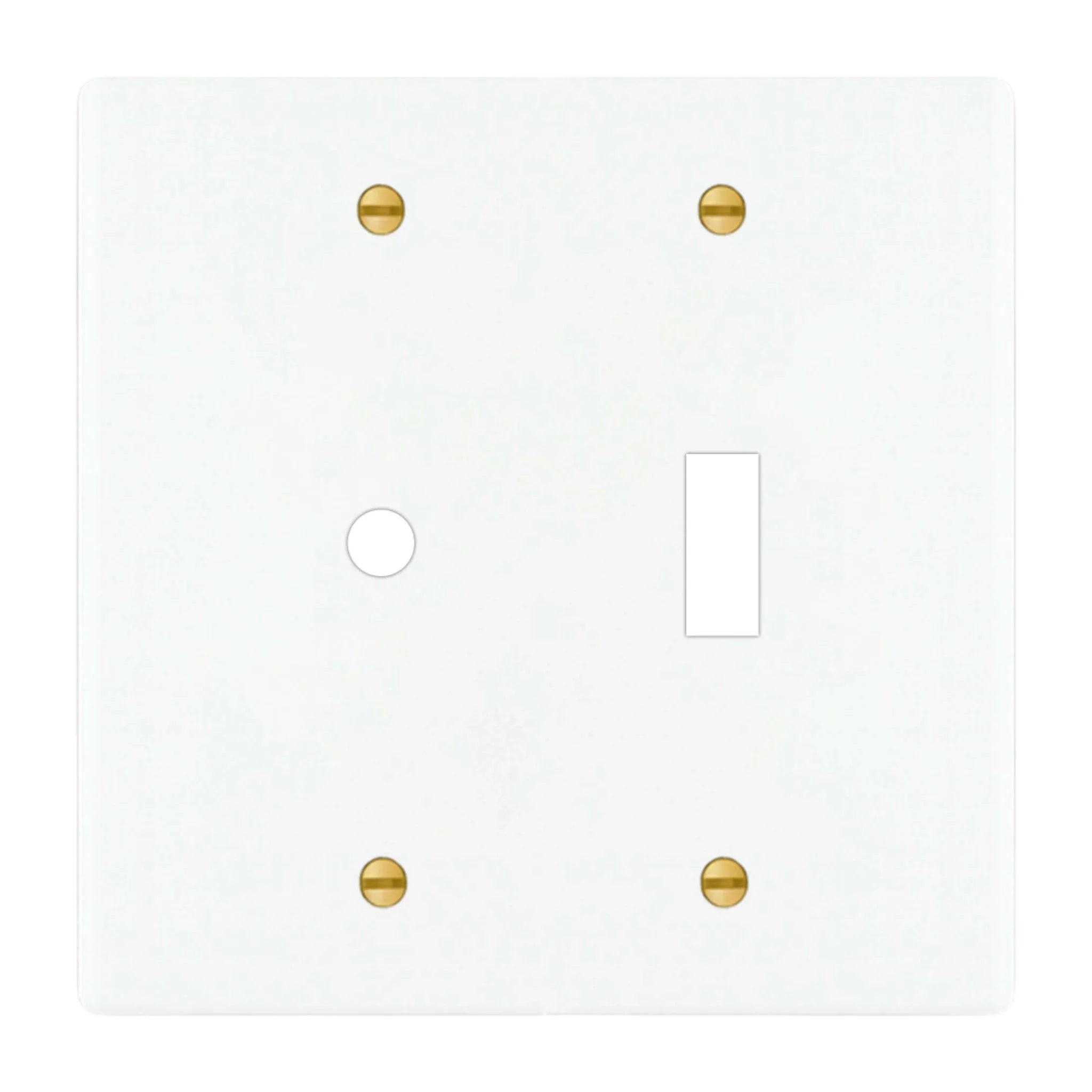 2-gang solid brass wall plate in white finish, rotary dimmer plus toggle opening
